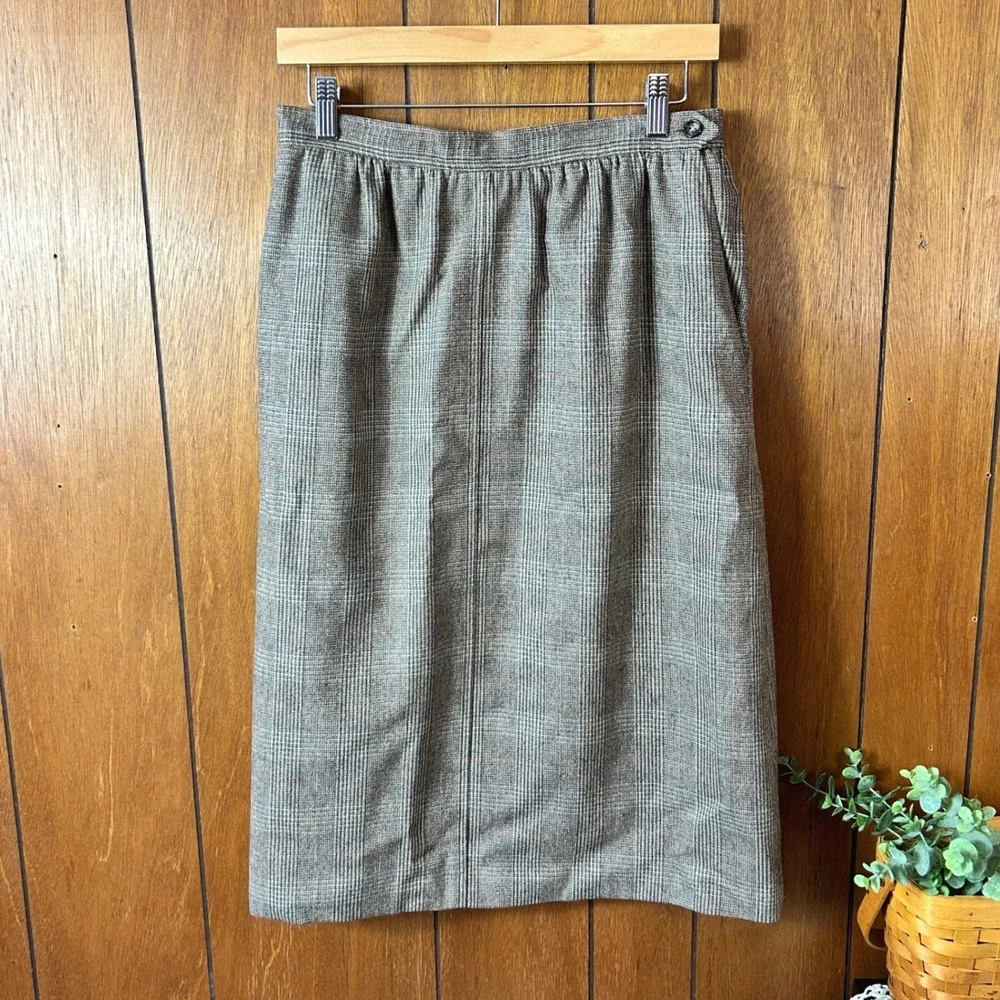 Evan Picone Plaid Wool Blend Midi Skirt Women's Size Petite‎ Brown Classic
